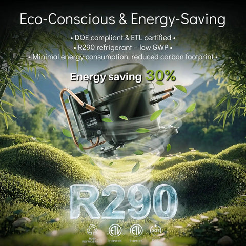 R290 eco-friendly refrigerant for energy-saving commercial freezers, featuring minimal energy consumption and reduced carbon footprint.