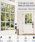 32 By 80 Inch White Primed Fiberglass Front Entry Door Slab Smooth Texture Nine Lite Clear Low E Glass Left Hand Inswing, open view with black handle.