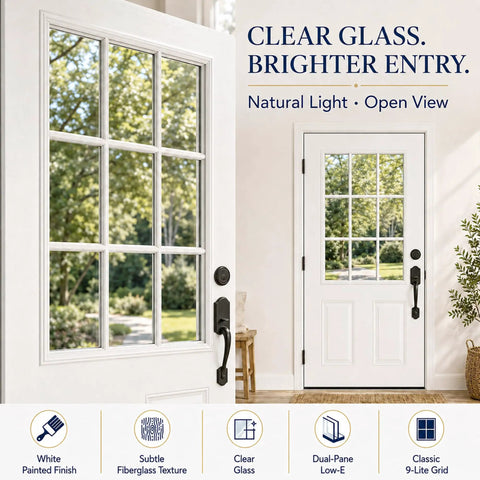 32 By 80 Inch White Primed Fiberglass Front Entry Door Slab Smooth Texture Nine Lite Clear Low E Glass Left Hand Inswing, open view with black handle.