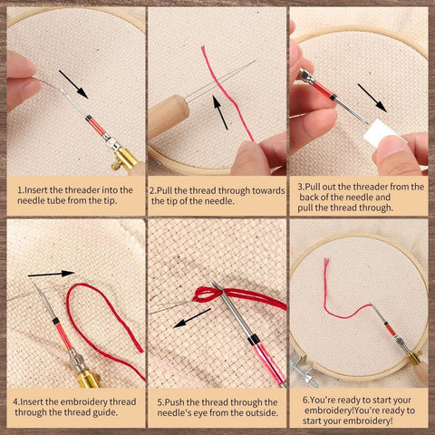 Dope Punch Needle Kit With Adjustable Wooden Handle showing step-by-step needle threading process for embroidery projects