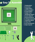 Backyard Golf Practice Net Cage with metal frame, auto ball return, easy setup hitting net kit components and assembly guide