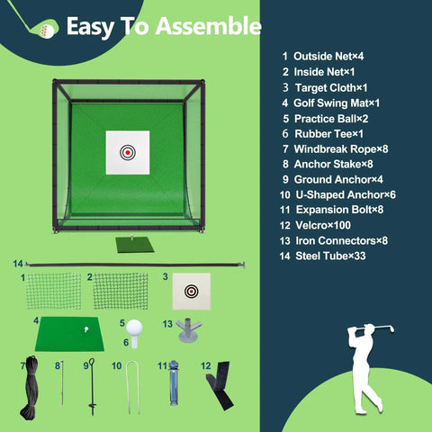 Backyard Golf Practice Net Cage with metal frame, auto ball return, easy setup hitting net kit components and assembly guide