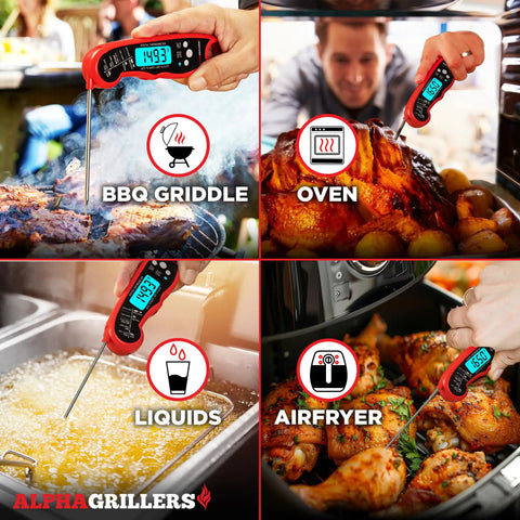 Digital Meat Thermometer Instant Read For Cooking And Grilling With Ultra Fast One To Two Second Read Pre Calibrated Probe in use on various cooking surfaces.