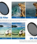 52mm ND CPL Starburst Filter Set With Phone Lens Clamp For iPhone And Canon Nikon Sony Cameras Includes Four Graduated Color Filters In Red Orange Yellow Blue Plus Polarizer And Starburst Effect, ND32 and CPL filters with before and after landscape images showcasing filter effects