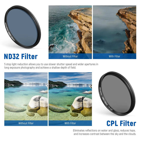 52mm ND CPL Starburst Filter Set With Phone Lens Clamp For iPhone And Canon Nikon Sony Cameras Includes Four Graduated Color Filters In Red Orange Yellow Blue Plus Polarizer And Starburst Effect, ND32 and CPL filters with before and after landscape images showcasing filter effects