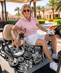 Two Seater Golf Cart Seat Cover And Towel Microfiber Absorbent Breathable Bench Seat Protector With Vintage Engine Print For Golf Course 51x31 Inches Car Style Comfort For All Seasons covering the seat of a golf cart. A person in pink polo and sunglasses sitting with a dog on the seat cover.