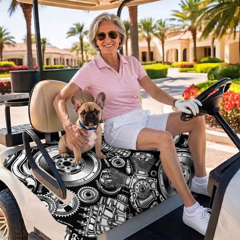 Two Seater Golf Cart Seat Cover And Towel Microfiber Absorbent Breathable Bench Seat Protector With Vintage Engine Print For Golf Course 51x31 Inches Car Style Comfort For All Seasons covering the seat of a golf cart. A person in pink polo and sunglasses sitting with a dog on the seat cover.