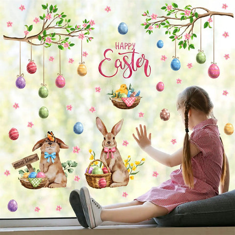 Happy Easter Totally Cute Wall Decals Set With Bunny And Eggs Tree Branch Design Peel And Stick Window Clings For Living Room Bedroom And Nursery Spring Decor Easy Peel And Stick For Quick Home Decor