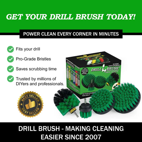 Boxed Drill Powered Kitchen Cleaning Kit with Heavy Duty Drill Brush Set displayed, featuring green bristles and product details.