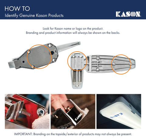 Identification guide for genuine Kason products showcasing branding locations on Wide Recessed Inside Release Handle with 6-Inch Length for 56 and 5656 Latches.