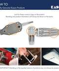 Guide on identifying genuine Kason products with branding details, showing various views of hinges and parts, including "Kason" logos.