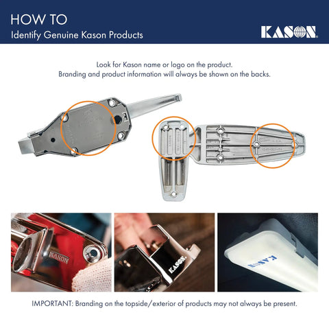 Instructions on identifying genuine Kason products, showing detailed views of Spring Assisted Flush Mount Door Hinge components.