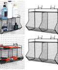 2 Piece Tiered Pegboard Basket Set With 4 Hooks Black Pegboard Storage System for garage workbench kitchen and bathroom use.