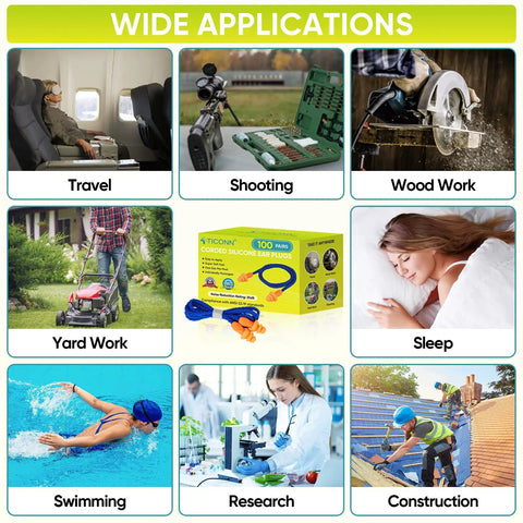 Various uses of ear plugs including travel, shooting, wood work, yard work, sleep, swimming, research, construction.