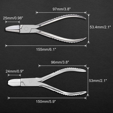 Pro Grade 6 Inch Nylon Jaw Round And Flat Nose Pliers For Eyeglasses Adjustment Straight Up Solid Glasses Repair Tool Kit With Mini Precision Screwdriver dimensions shown on a black background.
