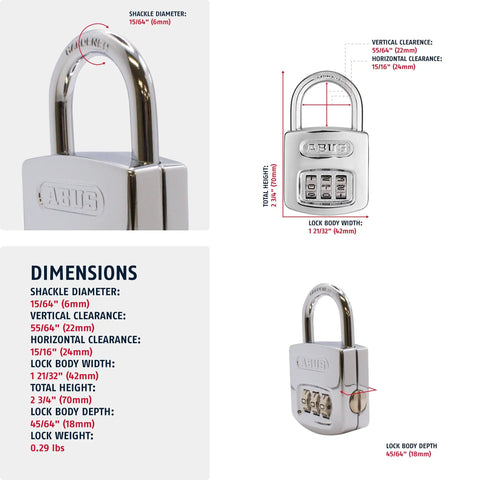 Close-up of All Weather Chrome 3 Dial Combination Padlock With Resettable Lock, displaying dimensions and hardened steel shackle.