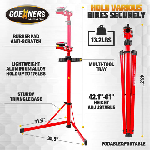 Beefed Up Heavy Duty Bike Repair Stand for E-Bikes MTB with aluminum frame, triangular base, adjustable height, 176 lbs capacity.