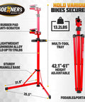Diagram of 176 Lbs Heavy Duty E Bike Repair Stand With Adjustable Height, showing dimensions and features like rubber pad and tray.