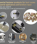 Pressure Rivet Nut Tool Kit, 770-Piece Imperial Rivet Nut Set shown with various applications and uses in industrial and furniture repair