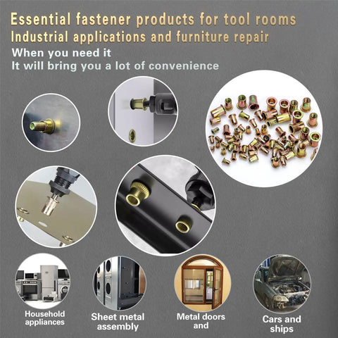 Pressure Rivet Nut Tool Kit, 770-Piece Imperial Rivet Nut Set shown with various applications and uses in industrial and furniture repair