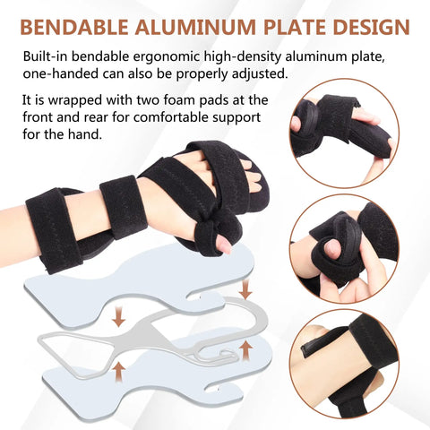 Resting Hand Brace For All Night Use Soft Grip Hand Splint with bendable aluminum plate and foam padding detail.