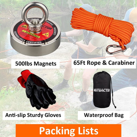 MUTUACTOR magnet fishing kit: heavy-duty neodymium magnet with 65 ft orange rope, carabiner, gloves and waterproof bag