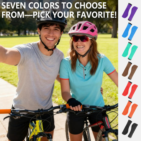 Cyclists smiling with mountain bikes showing grip colors, highlighting Ergonomic Lock On Mountain Bike Grips With Dual Density Silicone Cushion.