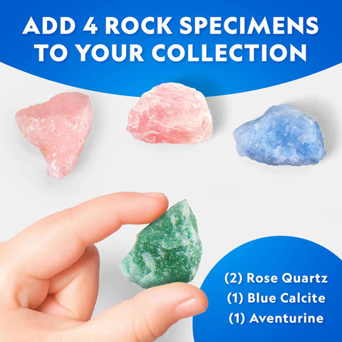 Light Up Dinosaur Terrarium Science Kit For Kids With Never Dry Sand Dino Figures A Backdrop And Gems Create A Colorful Prehistoric World You Can See Through A Wide Mouth Panorama View, 4 rock specimens