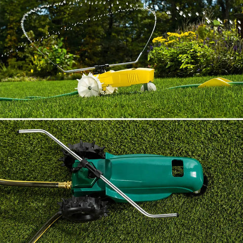 Universal Tractor Sprinkler Parts Kit For Lawn Tractors With Wide Coverage Easy Install Built To Last Compatible With Orbit 58322 And Nelson 818653-4002 Keeps Your Yard Lush With Minimal Fuss yellow aluminum tractor sprinkler on grass