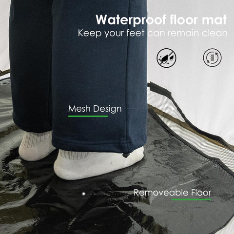 Easy Pop Up Camping Shower Tent with Privacy Changing Room Army Green showing waterproof PE floor mat and mesh design