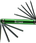 Tamper Proof Star Key Set With T6 Through T30 Security Torx Bits in a foldable green aluminum holder, chrome vanadium steel construction.