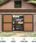 Exterior Sliding Barn Door Hardware Kit With Box Rail Track 450Lb Capacity Weather Resistant Steel Outdoor Wall Mount System shown on a wooden shed