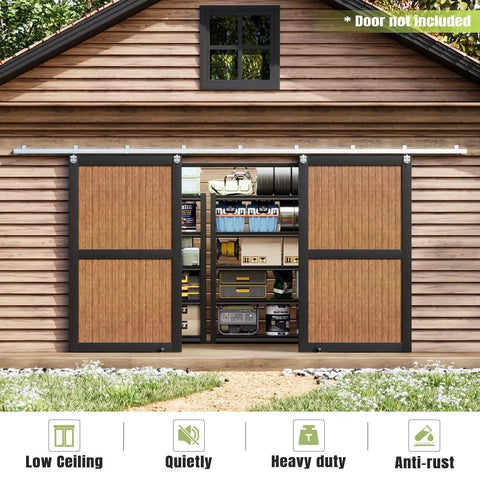 Exterior Sliding Barn Door Hardware Kit With Box Rail Track 450Lb Capacity Weather Resistant Steel Outdoor Wall Mount System shown on a wooden shed