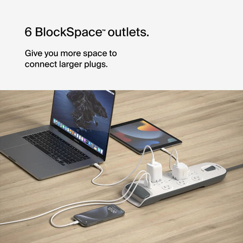 12 Outlet Surge Protector Power Strip With USB Ports, 6 Ft Flat Plug Extension Cord, 3996 Joules Protection, White in use on desk