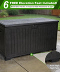 Front view of 320 Gallon Resin Deck Box With Locking Lid Weatherproof Outdoor Storage For Pool Gear And Cushions Raised On Waterproof Foot Pads Large Black Patio Storage Chest on patio