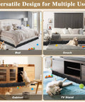 Real Deal Pet Proof Under Couch Barrier Stops Sneaky Dogs And Cats From Hiding Under Furniture While Securing Loose Toys Includes Quick Setup Kit And Tough Black Panels displayed around beds, couches, cabinets, and TV stands.