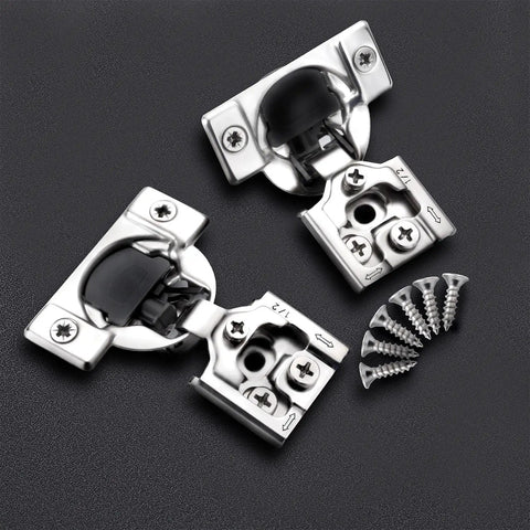 Soft Closing Cabinet Hinges 100 Pack One Half Inch Overlay Self Closing Kitchen Hardware Nickel Plated 105 Degree Three Way Adjustable For Face Frame Cabinets Quiet Operation For Kitchen Wardrobe And More, shown with screws on black background.
