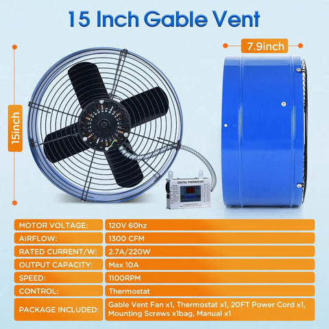 Powerful 1300 CFM Attic Exhaust Fan With Thermostat For Large Spaces Up To 1850 Sq Ft, 15 Inch Gable Vent Fan, Plug-and-Play