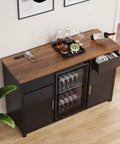 Black Big Home Bar Cabinet With Built In Fridge Space Fits Most Mini Fridges Modern Fluted Buffet Sideboard Table 53.2 Inches Long