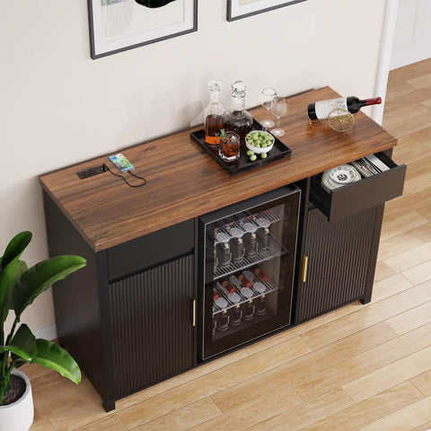 Black Big Home Bar Cabinet With Built In Fridge Space Fits Most Mini Fridges Modern Fluted Buffet Sideboard Table 53.2 Inches Long