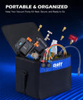 Top Shelf 4 Cfm Ac Vacuum Pump With Manifold Gauge Set And Digital Leak Detector For R1234yf R454b R410a R32 Auto Air Conditioning Repair Kit in organized bag.