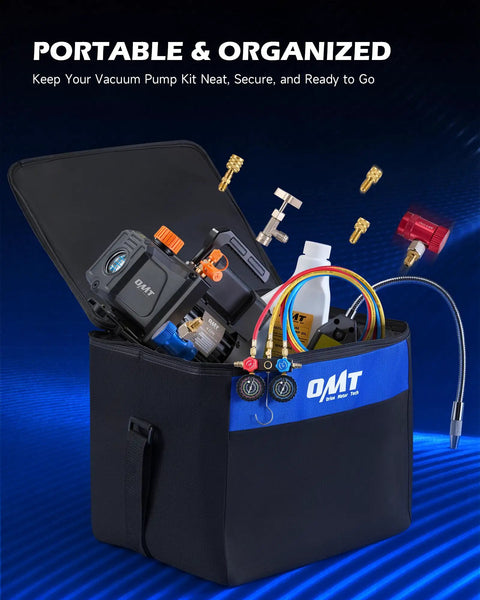 Top Shelf 4 Cfm Ac Vacuum Pump With Manifold Gauge Set And Digital Leak Detector For R1234yf R454b R410a R32 Auto Air Conditioning Repair Kit in organized bag.