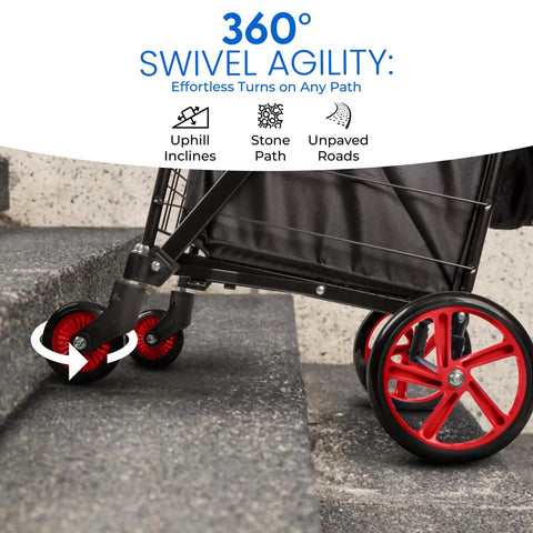 Compact Folding Shopping Cart With Removable Waterproof Liner, 360 Degree Swivel Wheels, Rustproof Steel Frame on steps