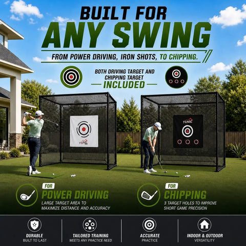 Two golfers using Durable Steel Frame Golf Driving Cage With Net For Backyard Practice, Perfect For Full Swing And Chipping Indoors Or Outdoors, 8 Ft Wide By 8 Ft High By 8 Ft Deep, Black
