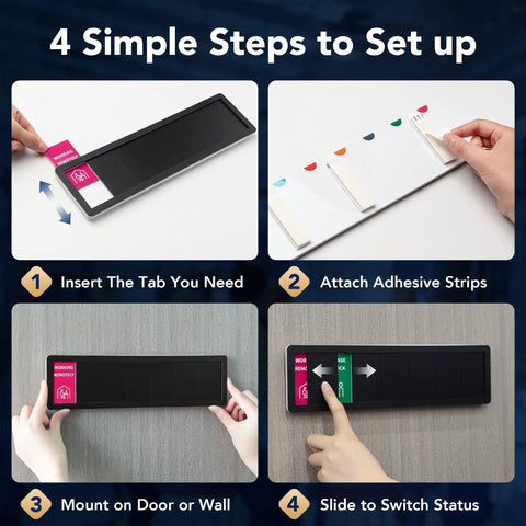 4 steps to set up 7 Zone Sliding Office Door Sign With 13 Interchangeable Messages showing tab insertion and sliding