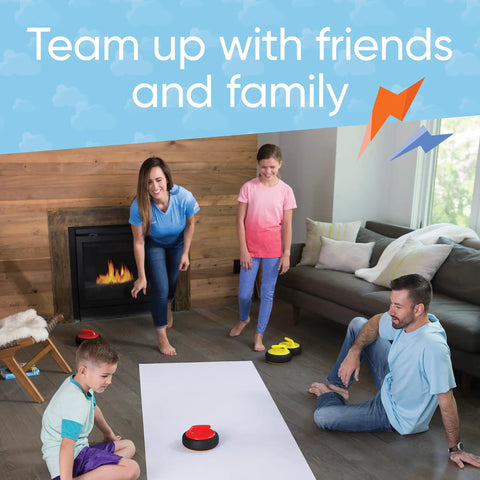Family playing Indoor Hovering Curling Set For Family Fun With Six Floating Stones And A Large Floor Mat in living room