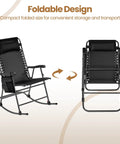 26 Inch Zero Gravity Outdoor Rocking Chairs Set Of 2 Foldable Loungers with Phone Holder and Pillow, foldable design shown.