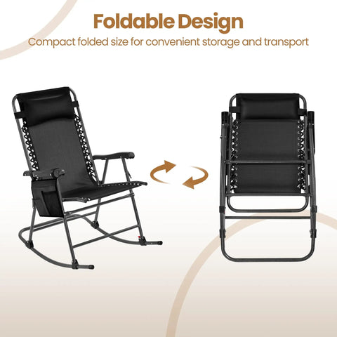 26 Inch Zero Gravity Outdoor Rocking Chairs Set Of 2 Foldable Loungers with Phone Holder and Pillow, foldable design shown.