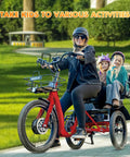 No Fuss Low Step Through Electric Tricycle For Adults With Passenger Bench And Massive Range 500W Torque Motor 7 Speed Shifting Smooth Cruise Trike Plug In And Go Red, adult riding with kids