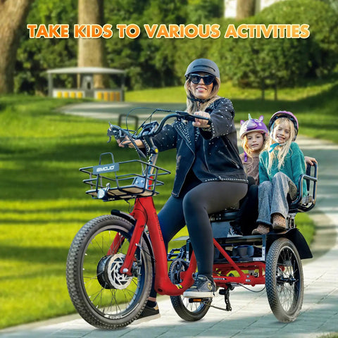 No Fuss Low Step Through Electric Tricycle For Adults With Passenger Bench And Massive Range 500W Torque Motor 7 Speed Shifting Smooth Cruise Trike Plug In And Go Red, adult riding with kids
